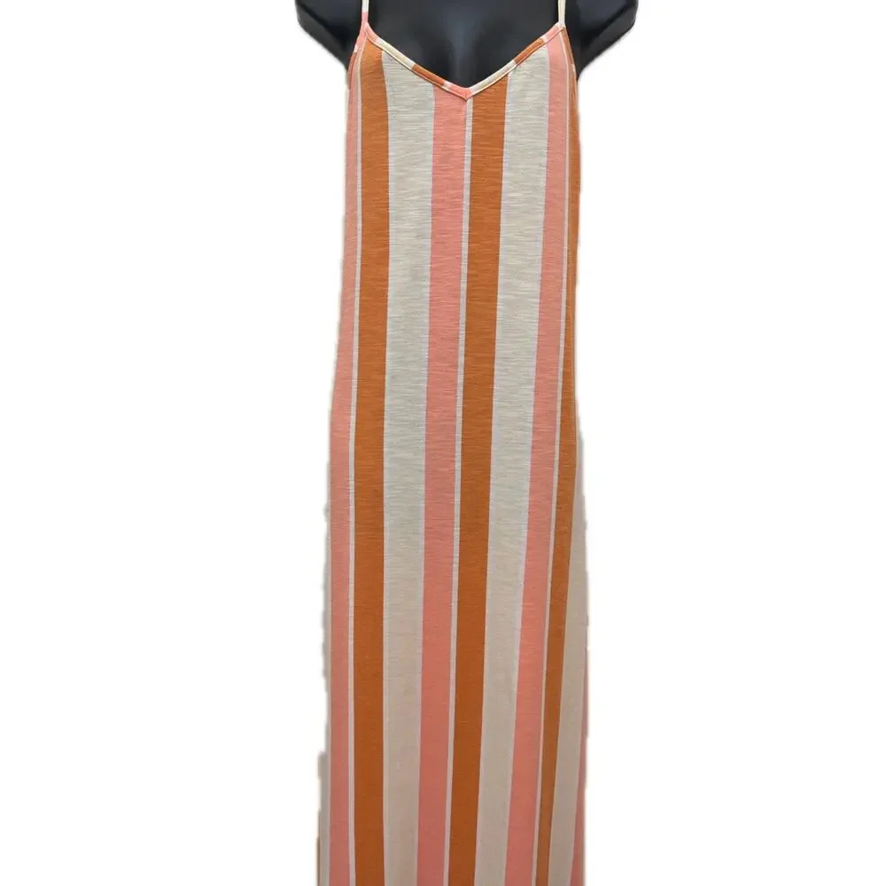 Roxy Coral Orange Stripe Sleeveless Midi Dress Size Medium - Picture 2 of 10